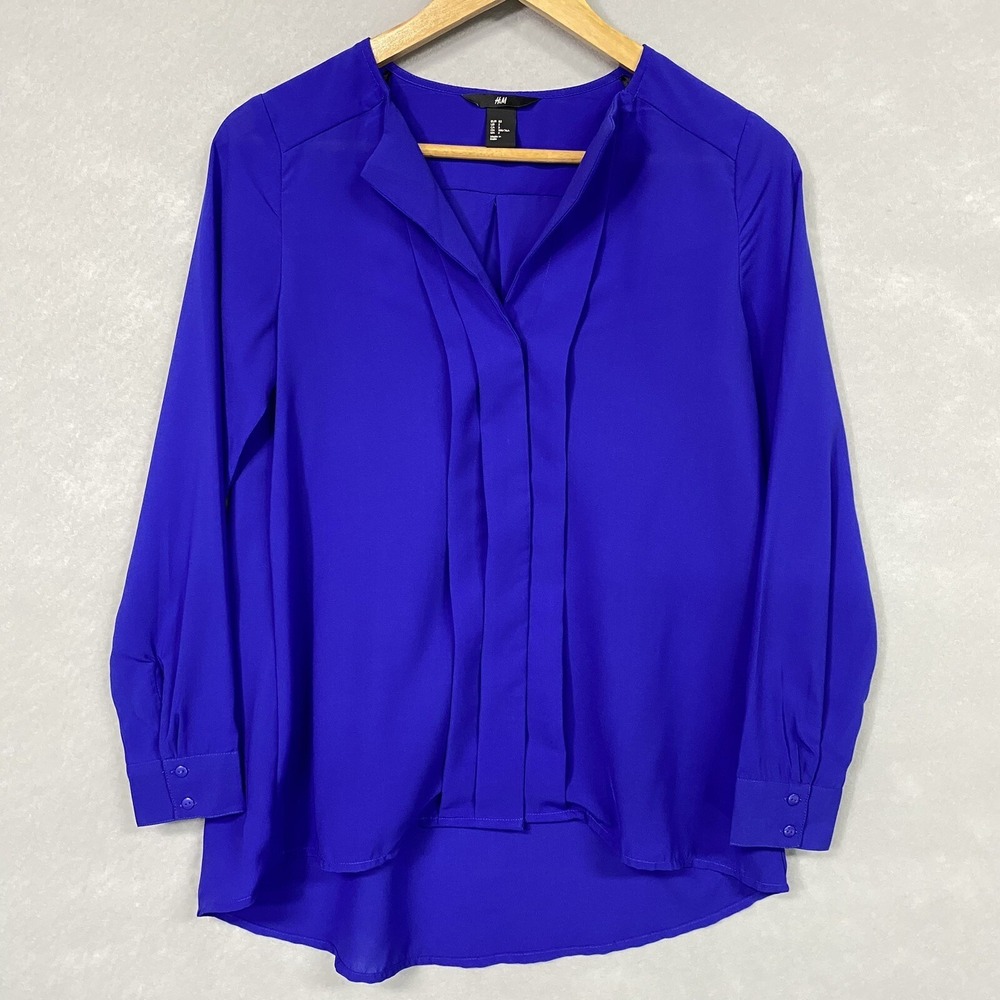 H&M Women 2 Blouse Royal Blue Button Up Career High Low Pleated Top